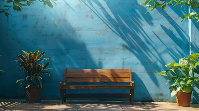 Wooden bench with potted plants against a blue wall with sunlight and shadows.