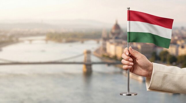 Woman's hand holding a small flag of Hungary on a metallic stand, featuring a blurred background of the Danube river and Budapest parliament