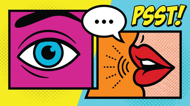 Pop Art Comic Illustration of Mouth Whispering a Secret to an Eye