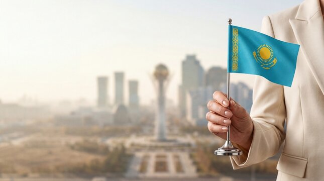 Businesswoman holding a small flag of Kazakhstan with the blurred modern skyline of Astana and Bayterek tower in the background