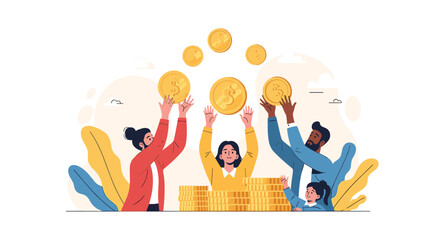 Fototapeta premium Group of diverse people and a child reaching up to catch large falling gold coins above several high stacks of money.