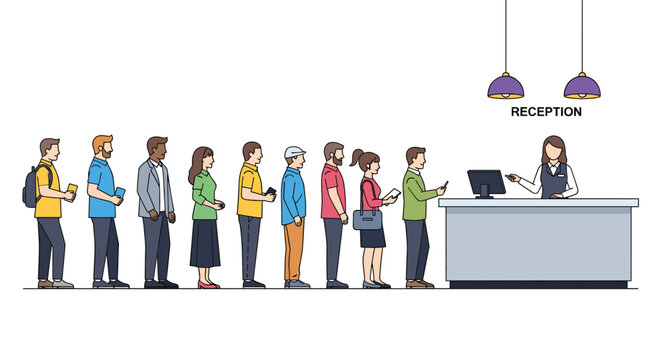 Long queue of diverse people waiting in line to speak with a professional female receptionist at a service desk counter.