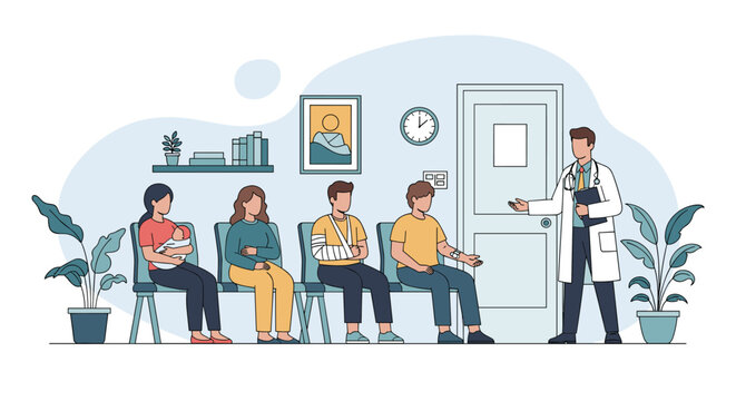 Patients with various injuries sitting in a hospital waiting room as a male doctor opens the door to call the next person.