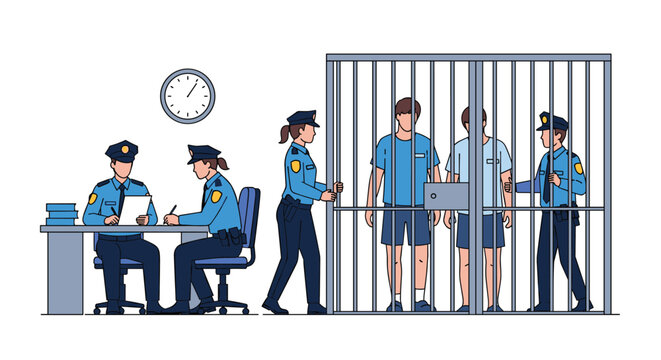 Police station interior with officers working at desks and two prisoners standing together inside a barred jail cell area.