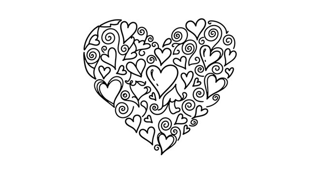 Intricate monoline heart doodle with swirling patterns isolated on a transparent background, intricate swirl patterns