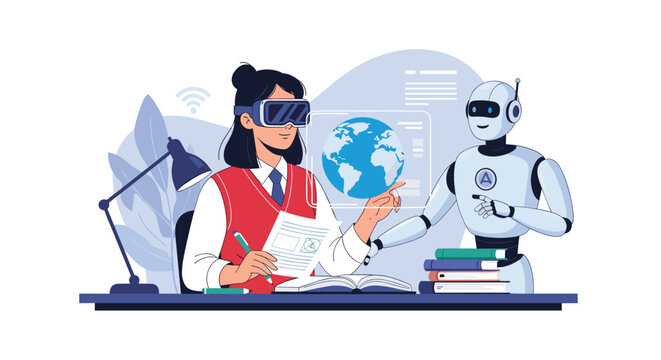 Young female student using a virtual reality headset to study a digital globe with assistance from a white robot friend.