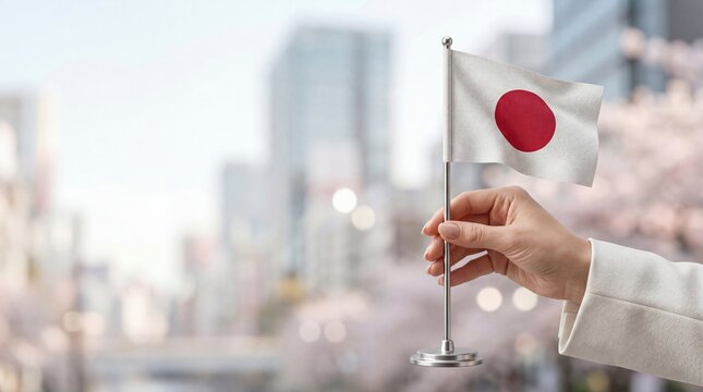 Woman hand holding small flag of Japan against blurred Tokyo cityscape and cherry blossom background, copy space