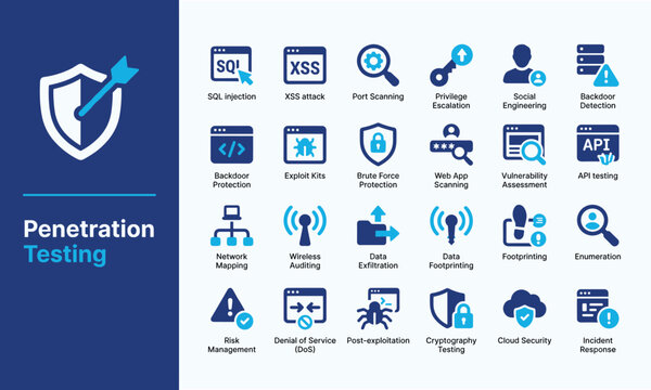 Penetration testing and cybersecurity icons for web and app interface, flat vector symbols