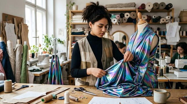 Fashion designer working on a shimmering dress on a mannequin in a studio