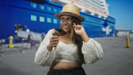 Fototapeta premium Woman holding chocolate ice cream cone with finger to cheek gesture, straw hat and white crop top posed on a dock street by a cruise ship; vacation joy.