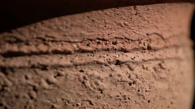 Close up of ancient pottery texture with rough surface and porous details.