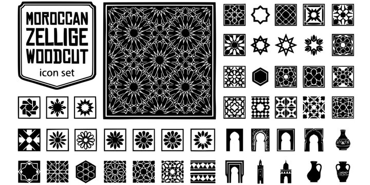 Moroccan Zellige Woodcut Black White-Hexagon Star Burst Border Dramatic-North African Vector-Zellige Icon Woodcut-Islamic Pattern Design Set