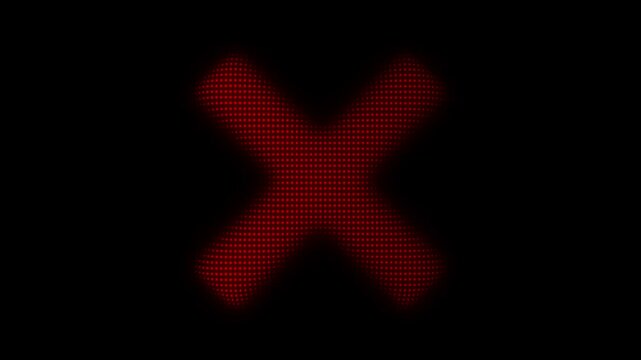 Red X Mark Particle Animation on Dark Background, Glowing Dot Grid Vertical Scanning Animation Motion Graphics Seamless Loop, 4K