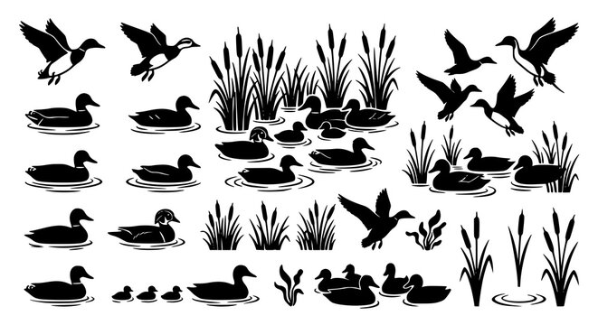 Duck and cattail silhouette wildlife collection vector illustration