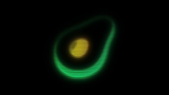 Green Avocado Symbol Particle Animation on Dark Background, Glowing Dot Grid Vertical Scanning Animation Motion Graphics Seamless Loop, 4K