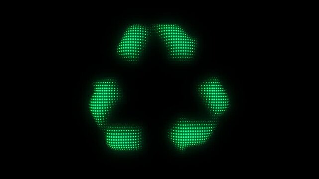 Green Recycling Symbol Particle Animation on Dark Background, Glowing Dot Grid Vertical Scanning Animation Motion Graphics Seamless Loop, 4K