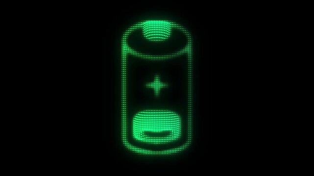Green Charging Battery Symbol Particle Animation on Dark Background, Glowing Dot Grid Vertical Scanning Animation Motion Graphics Seamless Loop, 4K
