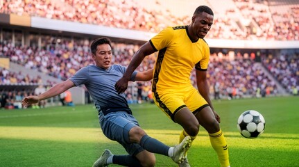 Fototapeta premium Intense soccer match action featuring a player in yellow dribbling the ball while an opponent in grey performs a sliding tackle in a crowded stadium.