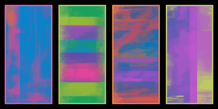 Multicolored abstract rectangular banners with vibrant brush strokes and borders