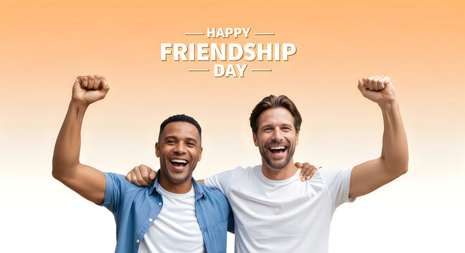 Two men celebrating friendship with raised fists in orange background