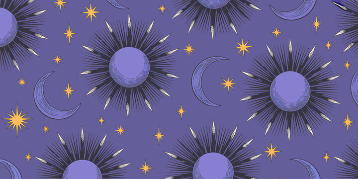 Vibrant celestial pattern with suns moons stars and feathers on purple background