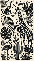 Obraz premium Whimsical jungle animals and tropical plants in a playful linocut style