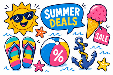Obraz premium Summer deals and vacation sale items with fun beach elements and ice cream