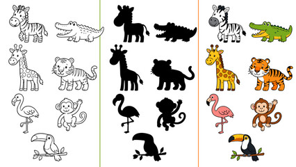Obraz premium Collection of cartoon jungle animals and their silhouettes for learning
