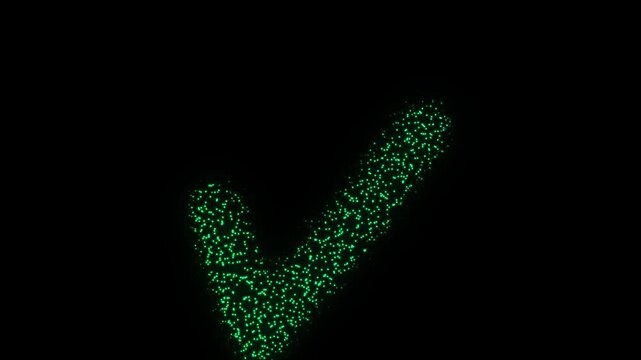 Green Check Mark Icon Particle Animation on Dark Background, Glowing Dot Grid Firework Burst Animation Motion Graphics Seamless Loop, 4K
