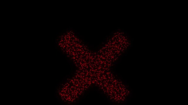 Red X Mark Particle Animation on Dark Background, Glowing Dot Grid Firework Burst Animation Motion Graphics Seamless Loop, 4K