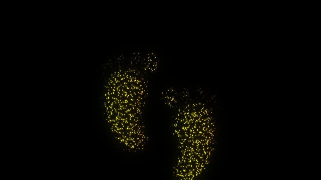 Golden Footprints Symbol Particle Animation on Dark Background, Glowing Dot Grid Firework Burst Animation Motion Graphics Seamless Loop, 4K