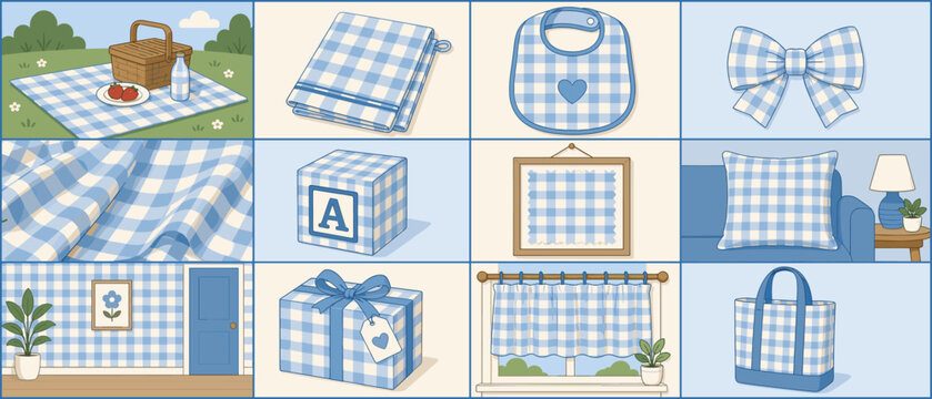 Blue gingham pattern collection featuring picnic, baby items, and home decor