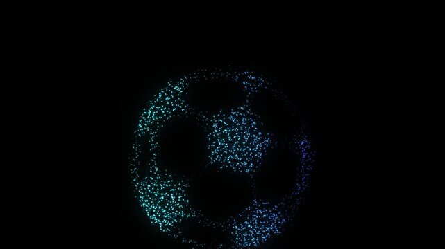 Blue Soccer Ball Symbol Particle Animation on Dark Background, Glowing Dot Grid Firework Burst Animation Motion Graphics Seamless Loop, 4K