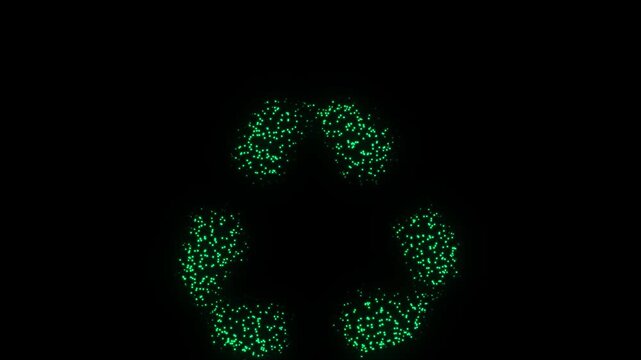 Green Recycling Symbol Particle Animation on Dark Background, Glowing Dot Grid Firework Burst Animation Motion Graphics Seamless Loop, 4K