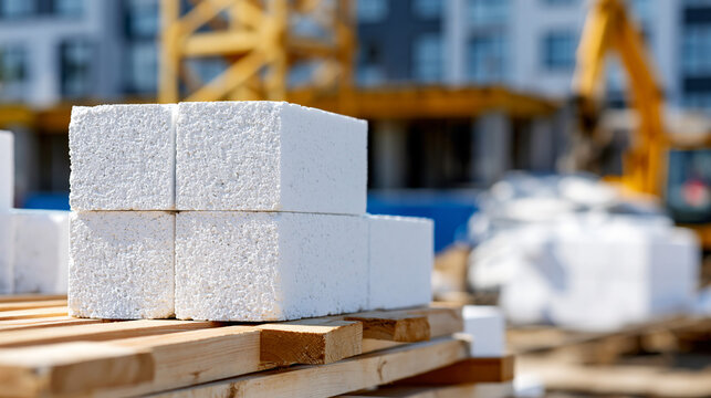 Photo of construction site walls made from aerated concrete blocks, structure under development, aerated concrete blocks, construction materials, with copy space