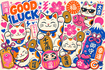Fototapeta premium Japanese lucky charms and maneki neko cats create a vibrant good luck illustration