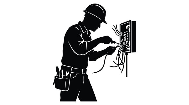 Electrician Silhouette With Tools And Electrical Panel Black On White