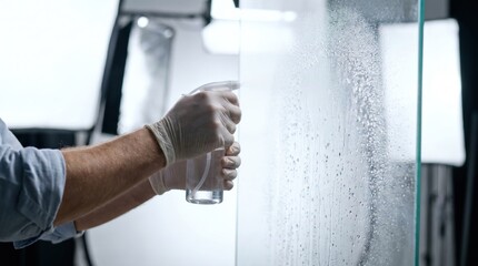 Fototapeta premium Person wearing gloves spraying liquid glass cleaner from a clear plastic bottle onto a large pane of frosted glass