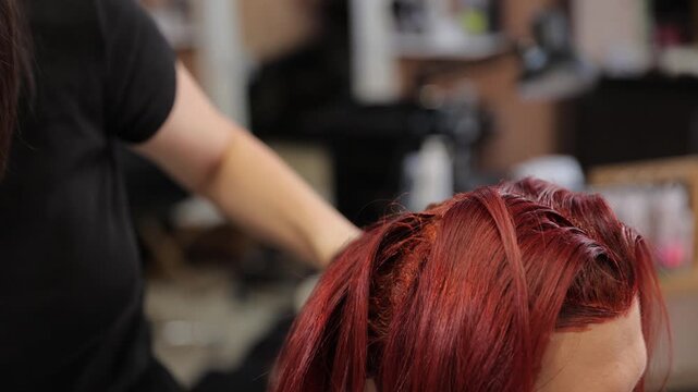 Hairdresser coloring red hair in a beauty salon