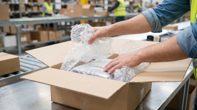 Warehouse worker wrapping a rectangular product in protective clear bubble wrap inside a brown cardboard shipping box