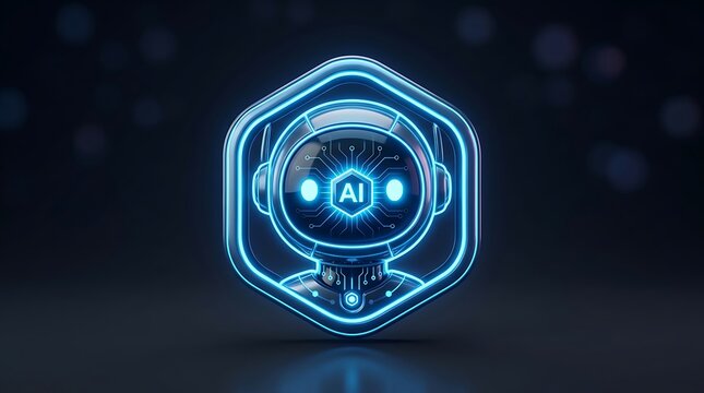 Neon AI robot icon, futuristic technology symbol, glowing blue bot, artificial intelligence logo