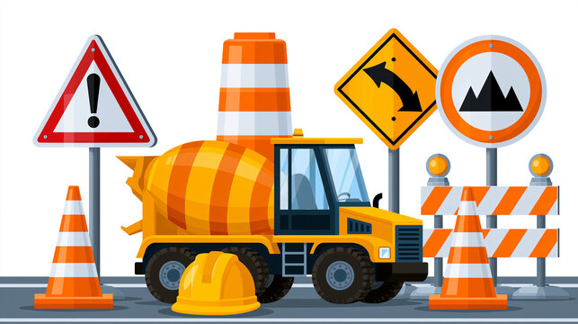Vector set of under construction and work in progress signs, road signs caution cones barriers, heavy equipment truck cement mixer, hard hat area symbols, safety graphics, with