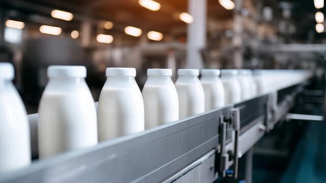 modern dairy production, food processing factory, stainless steel conveyor, uniform white plastic bottles, white caps, no labels, clean industrial environment