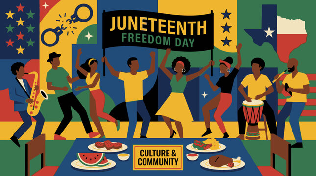 Diverse community celebrates Juneteenth Freedom Day with music dance and a festive meal.