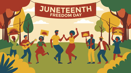 Fototapeta premium Joyful community celebrating Juneteenth Freedom Day with music dance and signs.