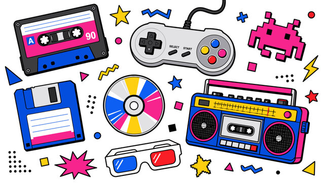 Retro 90s technology and entertainment items collage with vibrant colors