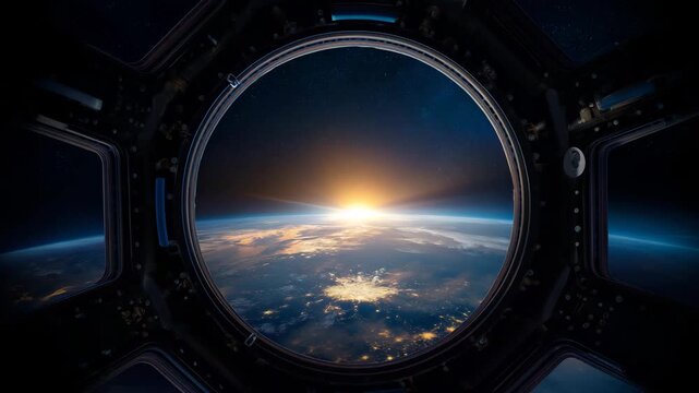 view from inside an orbital spacecraft cupola, dark metallic interior frame with multiple window segments and visible bolts, handles and panel seams, large circular central window