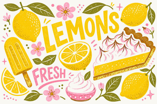 Vibrant illustration of fresh lemons and sweet treats with a playful, textured style