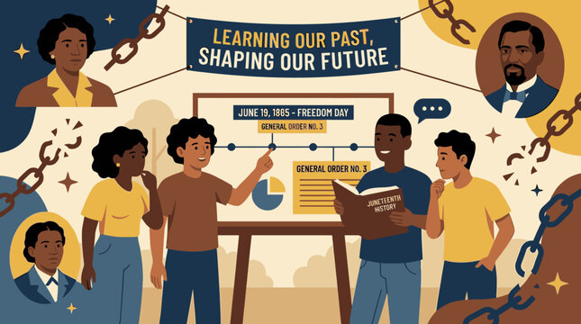 Juneteenth Education Poster with Black Students Learning African American History for Freedom Day