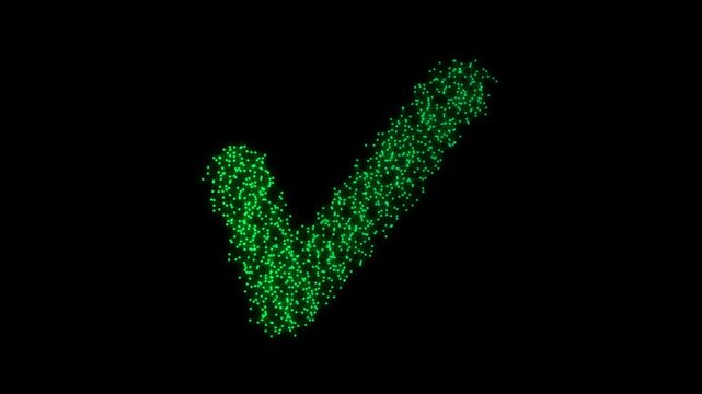 Green Check Mark Icon Particle Animation on Dark Background, Glowing Low Poly Network Lines and Dots Animation Motion Graphics Seamless Loop, 4K